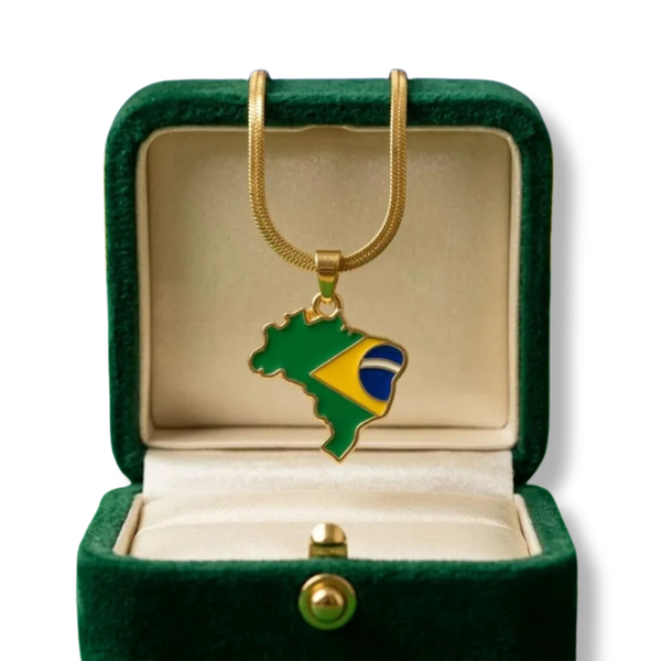 Colar e Pingente Mapa com Bandeira do Brasil | Banhado a Ouro 18k - Patriota Luxo
