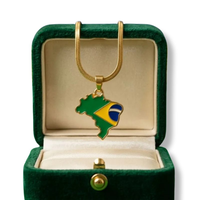 Colar e Pingente Mapa com Bandeira do Brasil | Banhado a Ouro 18k - Patriota Luxo