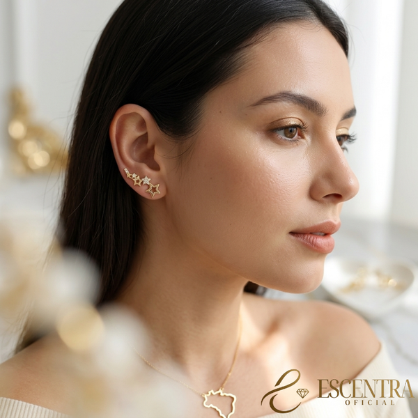 Brinco Ear Cuff Estrelas | Zircônia & Banho Ouro 18K