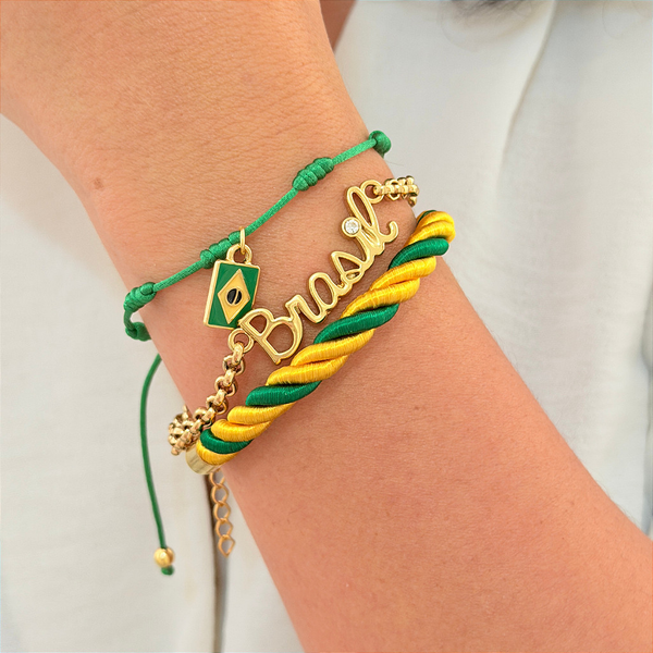 Pulseira 7 nós Proteção Pingente Bandeira do Brasil Core Copa do Mundo